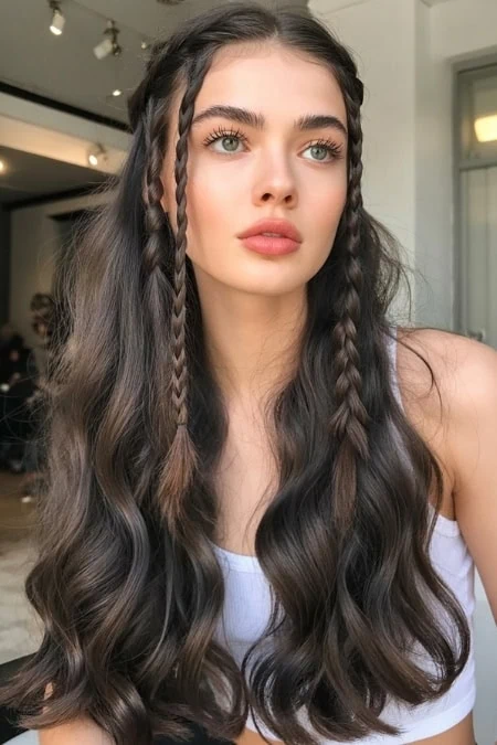 beautiful girl with long brown hair and a wavy braided hairstyle