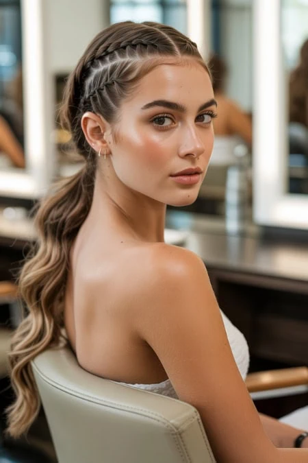 Brunette woman with long styled braided hairstyle and natural makeup sitting in a beauty salon chair, showcasing skincare and beauty enhancements, promoting self-care and confidence.