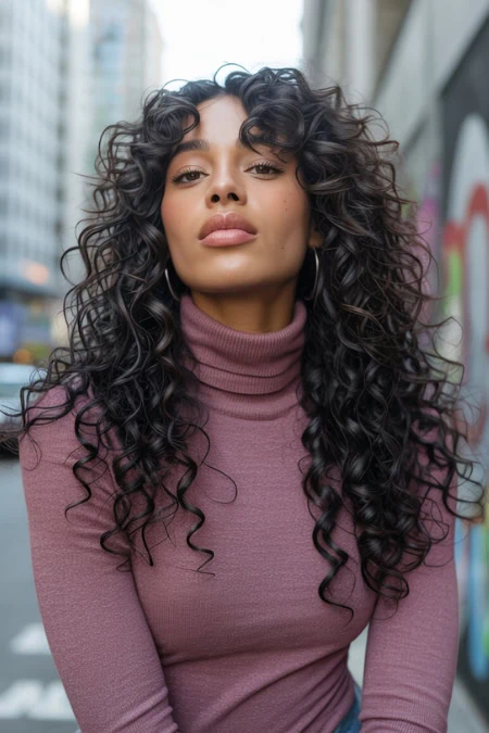 Luxurious curly black hair featuring a confident woman in a urban setting for beauty and long hairstyle inspiration.