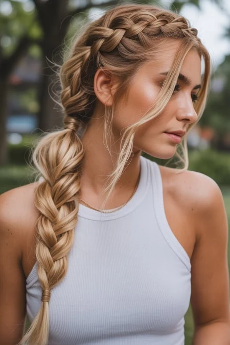 Long blonde braided hairstyle on woman, outdoor beauty and hair care, natural glamour.