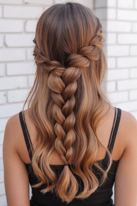 Beautiful braided hairstyle with soft waves for a trendy, boho-inspired look, perfect for special occasions or everyday elegance.