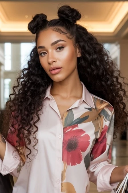 Vibrant woman with curly hair styled in two buns, wearing floral blouse, in elegant indoor setting, beauty and hair fashion, natural makeup, confident look, modern hairstyle, The Beauty Deep Life.