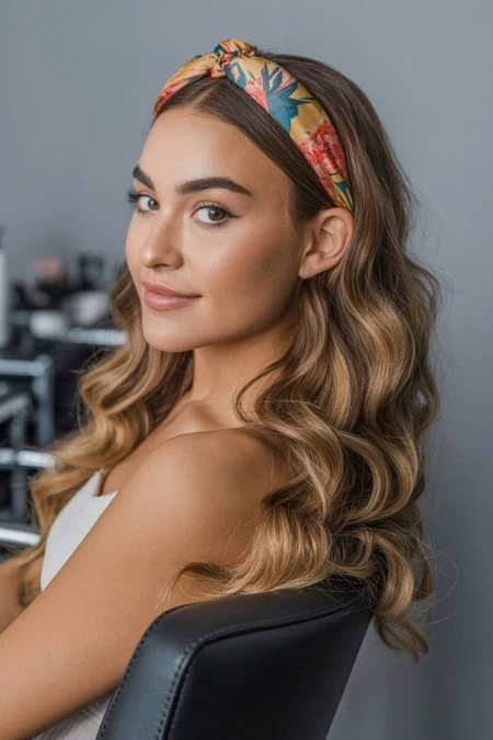 Beautiful woman with flawless makeup and wavy long hair wearing a colorful headband, sitting in a beauty salon, emphasizing hairstyle inspiration.