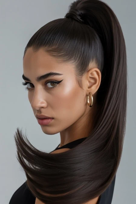 Stunning woman with sleek, long dark hair styled in a high ponytail, makeup, and fashion accessories, showcasing beauty and hairstyle trends.