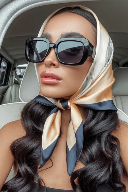 woman with her long dark hair in a scarf