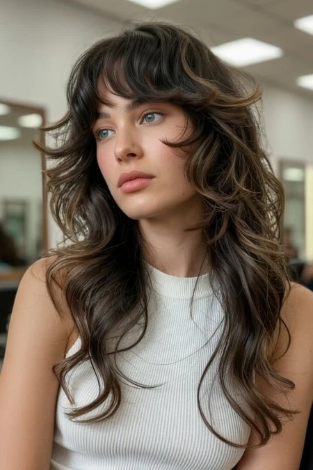 woman with a long shag hairstyle and brunette hair