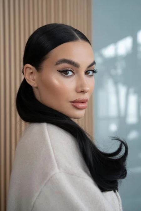 Stunning woman with flawless makeup and long black hair, beauty and hairstyle portrait