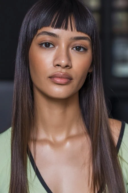 Close-up portrait of a young woman with flawless skin, straight long brown hair, and modern makeup, emphasizing skincare, beauty, and healthy hair care.
