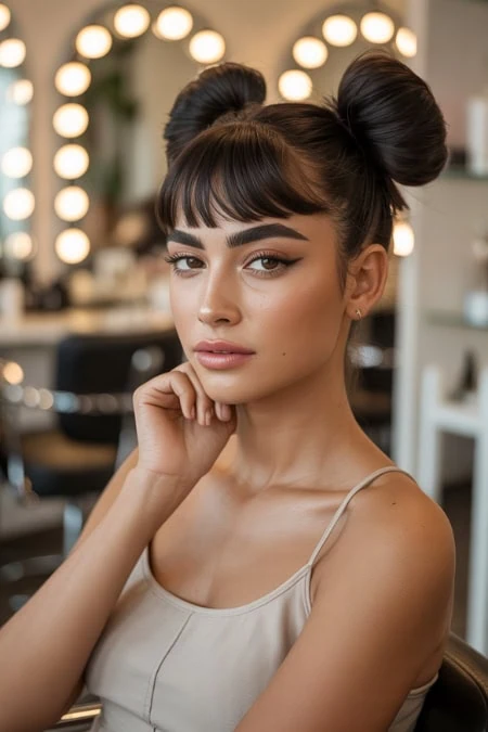 Striking young woman with unique buns hairstyle and flawless makeup in beauty salon, showcasing modern long hair and beauty trends at The Beauty Deep Life.