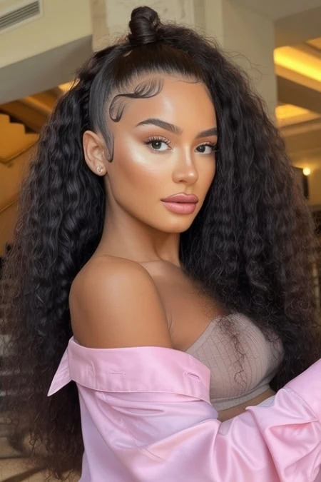 Striking woman with curly long hair and flawless makeup, showcasing modern beauty and hairstyle trends at The Beauty Deep Life.
