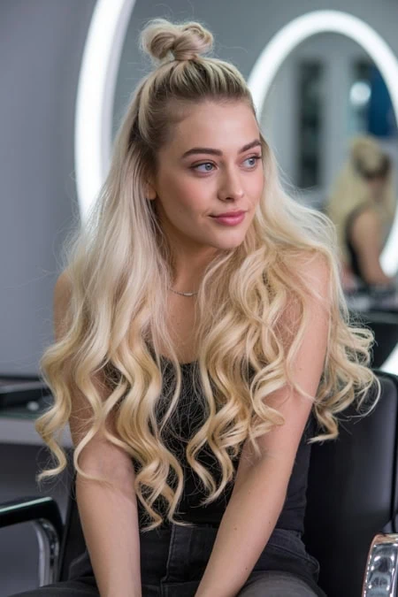 Stunning young woman with long, blonde, wavy hair sitting in a modern beauty salon with LED mirror lighting, showcasing a hairstyle and beauty treatments.