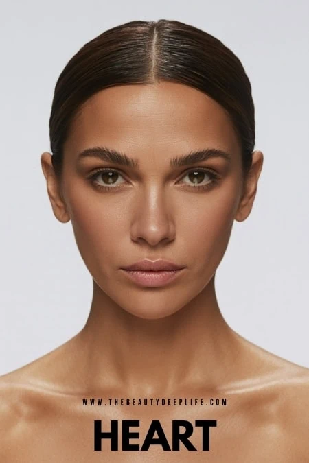 Stunning woman with flawless complexion, natural makeup, and smooth skin for beauty inspiration and showcasing a heart face shape.