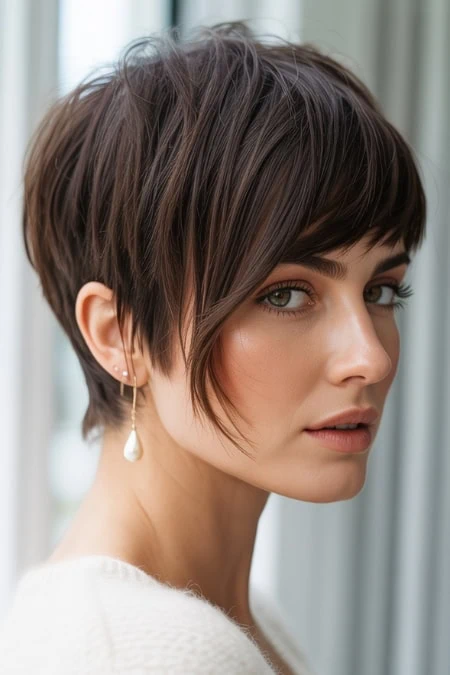 Short edgy layered brunette pixie cut hairstyle with side-swept bangs and pearl earring, perfect for modern feminine beauty and hair styling inspiration.