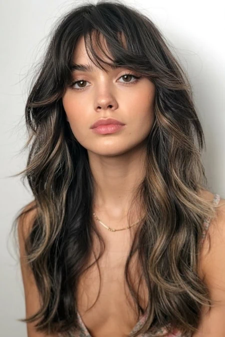 Stylish young woman with long, wavy shag brunette hair and natural makeup, beauty portrait showcasing trendy hairstyles and hair color ideas for a modern look.