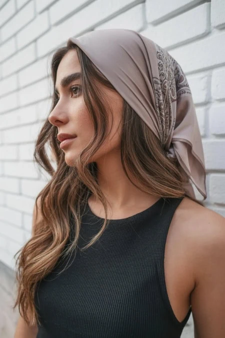 Stylish woman wearing a beige silk headscarf and black sleeveless top against a white brick wall, showcasing modern fashion and beauty accessories.