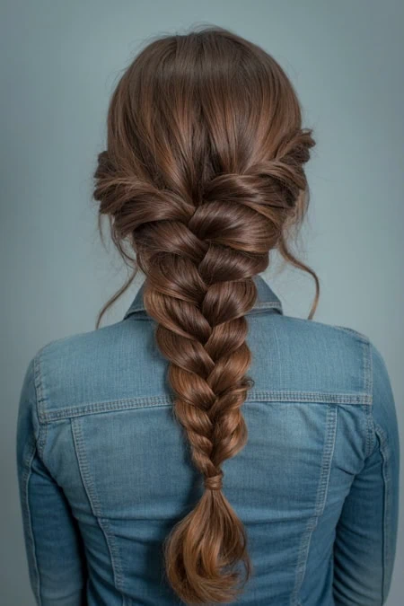 Intricate braided hairstyle with long, smooth, chestnut brown hair, styled in loose waves over a denim jacket, perfect for a trendy, casual look.