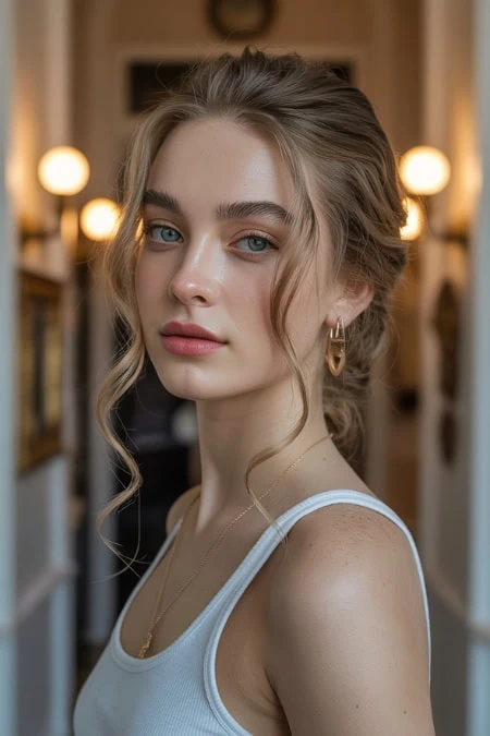Stunning young woman with clear skin and elegant makeup, showcasing natural beauty and an elegant hairstyle for long hair