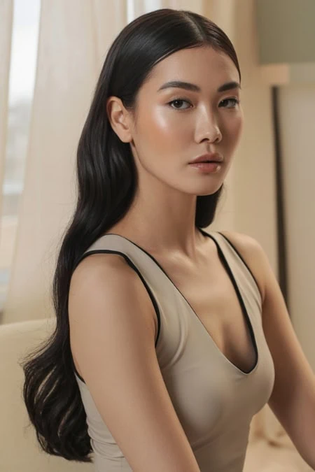 Elegant Asian woman with flawless skin and a long black hairstyle