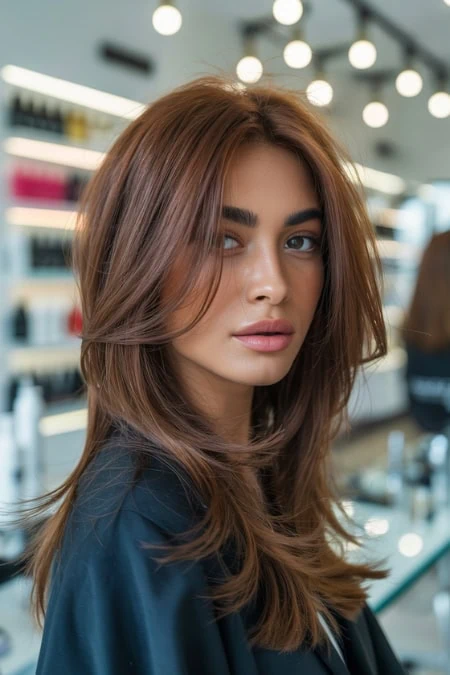 Lush long brunette hairstyle in soft waves with glossy finish, woman in beauty salon with professional styling products background.