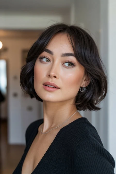 Beautiful young woman with short wavy dark hair and natural makeup, showcasing a bob haircut for a square face shape.