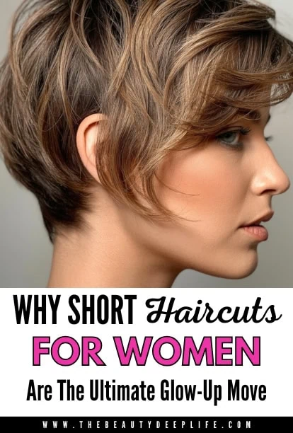 woman with a cute hairstyle and text overlay - why short haircuts for women are the ulitmate glow-up