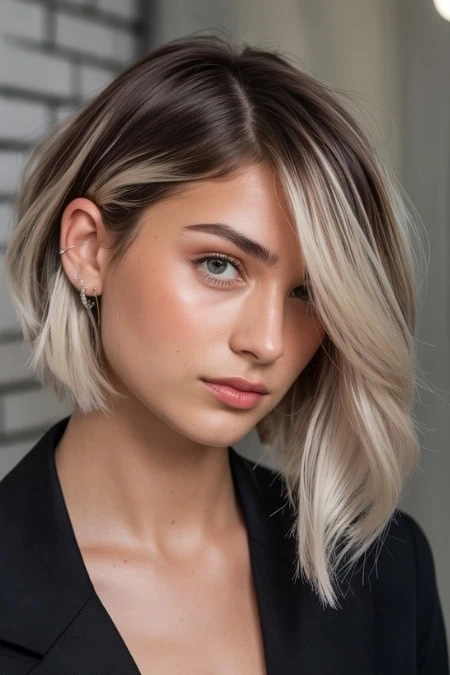woman with an angled bob haircut