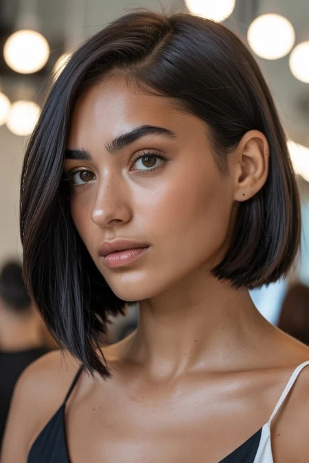 woman with a dark asymmetrical bob haircut
