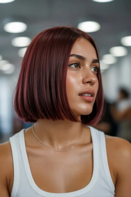 woman with a red short blunt bob that's an example of bob short haircuts for women