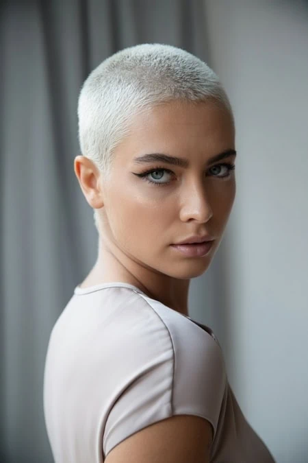beautiful woman with a short blonde buzz cut haircut