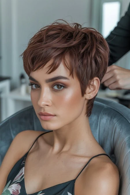 woman with a choppy short pixie haircut