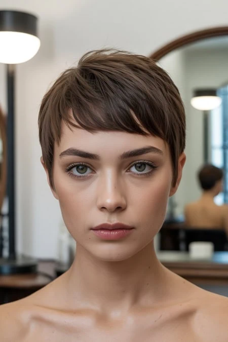 woman with a short classic pixie haircut