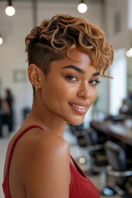 black woman with a short undercut curly pixie haircut