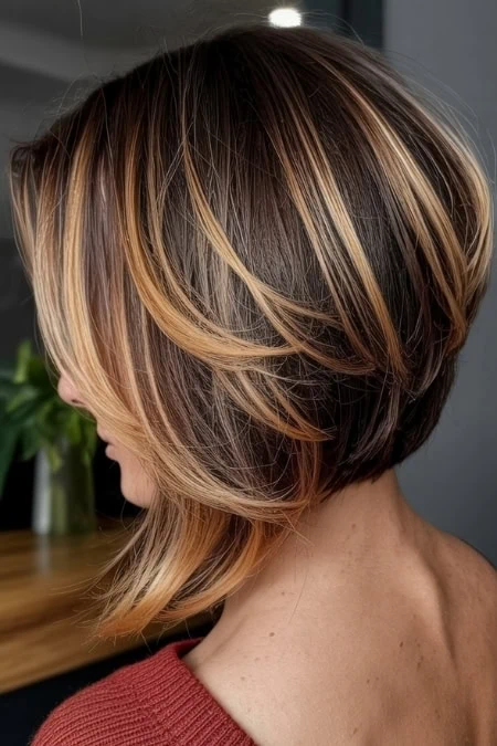 back of a woman's head with a inverted stacked bob haircut