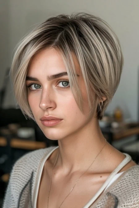 woman with a short layered bob with face-framing pieces