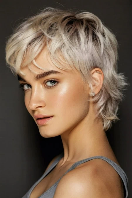 young woman with a short mullet pixie haircut