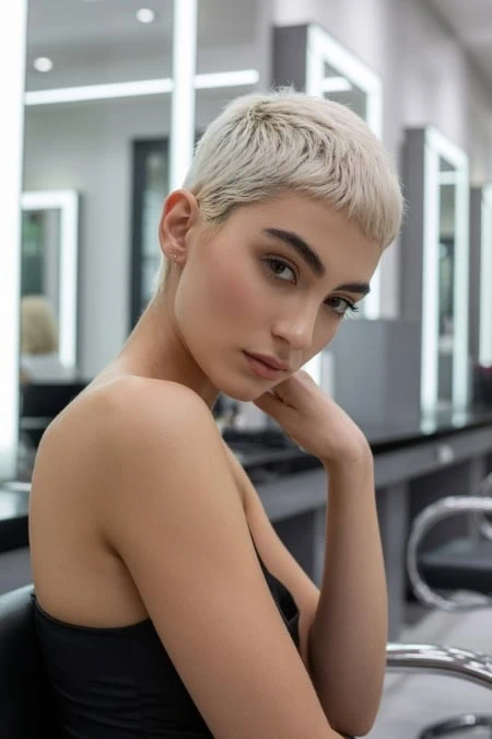 woman with a short platinum pixie crop haircut