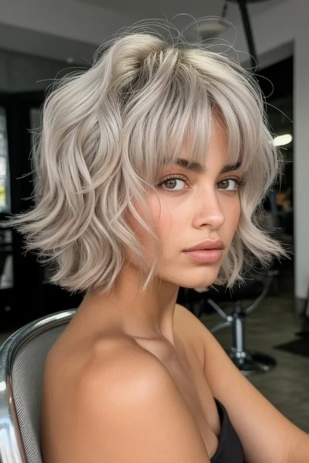 woman with a blonde shaggy bob that is an example of a short haircut for women