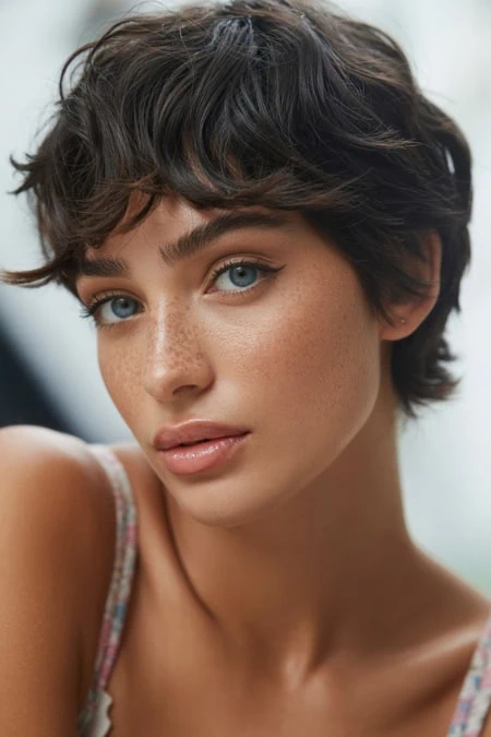 beautiful woman with a short soft layered pixie haircut