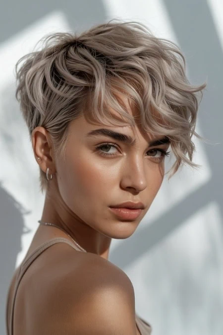 woman with a short textured wavy pixie haircut