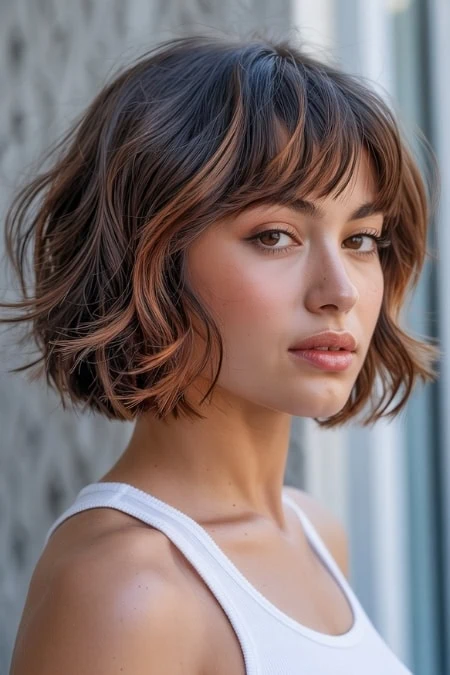 woman with a wavy bob with curtain bangs that's an example of bob short haircuts for women