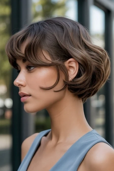 woman with a wavy rounded short bob that's an example of bob short haircuts for women