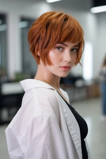 woman with a soft layered pixie bob that's an example of hyrbrid short haircuts for women
