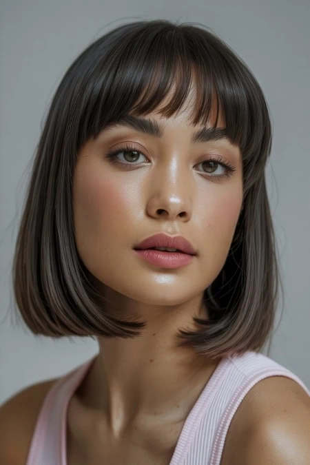 woman with a short haircut that is a blunt bob/lob with bangs