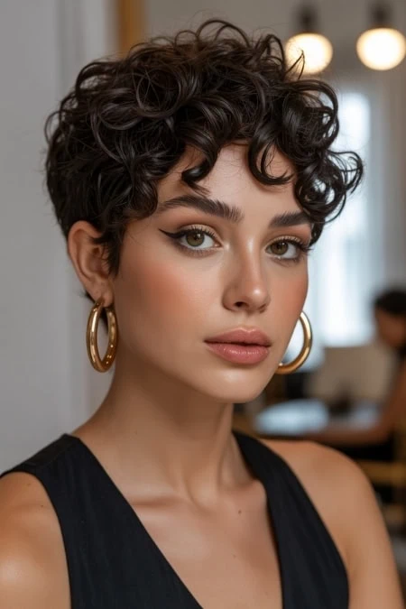 woman with a short curly pixie haircut