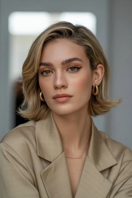 blonde woman with a flipped bob that's an example of bob short haircuts for women