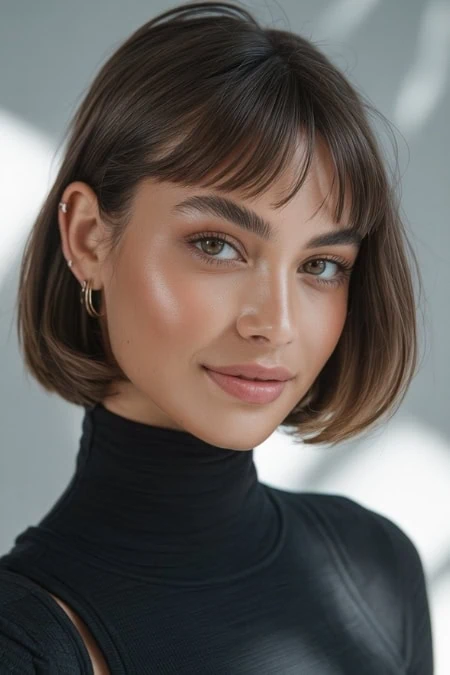 woman with a short French bob haircut and bangs