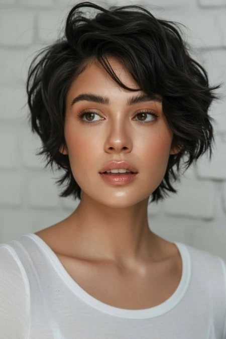 woman with a messy textured pixie bob thats an example of hybrid short haircuts for women