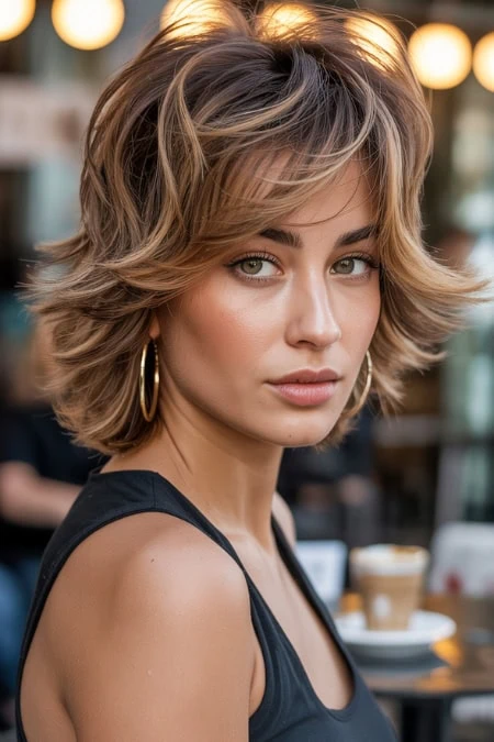 woman with a shag bob that's an example of hyrbrid short haircuts for women