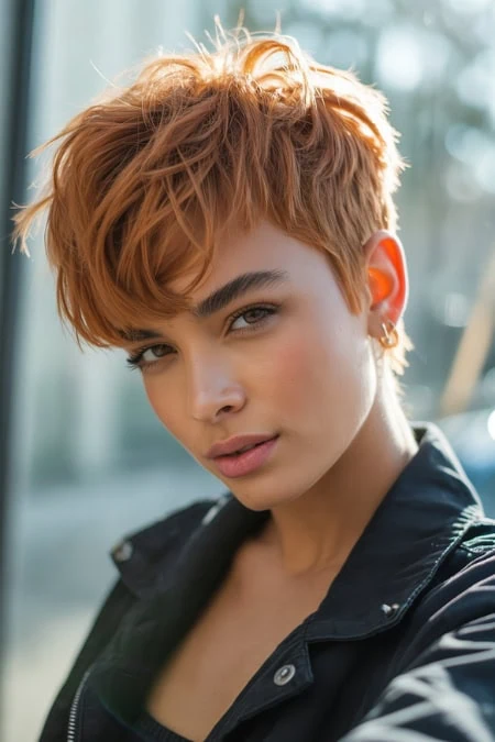 woman with a pixie and part shag that's an example of hyrbrid short haircuts for women