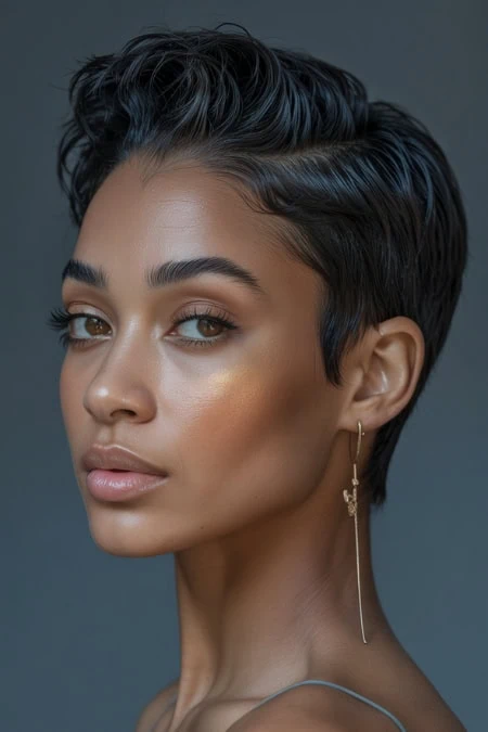 black woman with a short tapered pixie haircut